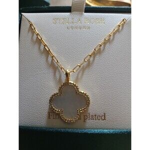 STELLA ROSE FINE GOLD PLATE,CRYSTALS,WHITE MOP CLOVER CHAIN NECKLACE -16"+2"+BOX